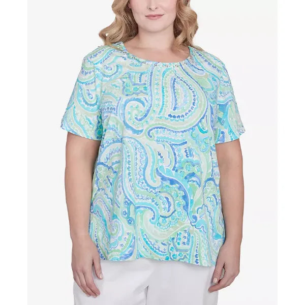 Alfred Dunner Plus Size Pleated Crew Neck Paisley Top, Multi Blue