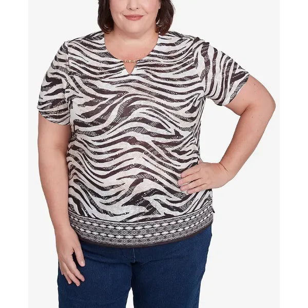 Alfred Dunner Plus Size Beaded Split Neck Animal Print Top, Black/Tan