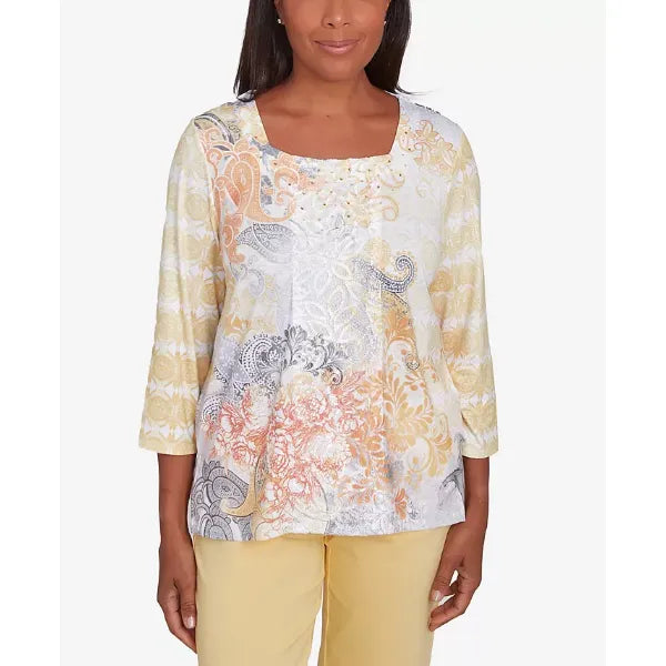 Alfred Dunner Petite Dress Code Square Neck Paisley Geometric Top, Multi Yellow