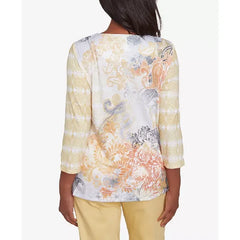 Alfred Dunner Petite Dress Code Square Neck Paisley Geometric Top, Multi Yellow