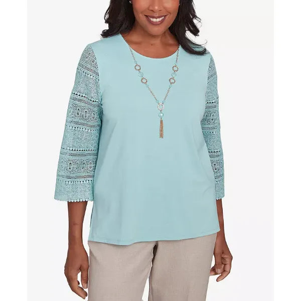 Alfred Dunner Petite Kensington Gardens Solid Lace Sleeve Knit Top with Necklace