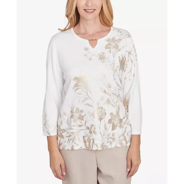 Alfred Dunner Petite Kensington Gardens Split Neck Botanical Gold Foil Print Sweater, Neutral Multi