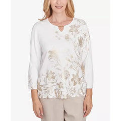 Alfred Dunner Petite Kensington Gardens Split Neck Botanical Gold Foil Print Sweater, Neutral Multi