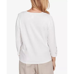 Alfred Dunner Petite Kensington Gardens Split Neck Botanical Gold Foil Print Sweater, Neutral Multi