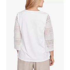 Alfred Dunner Petite Kensington Gardens Solid Lace Sleeve Knit Top with Necklace