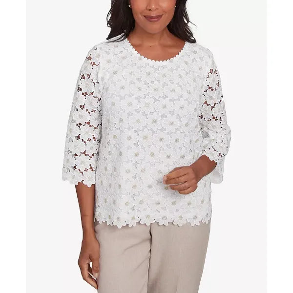 Alfred Dunner Petite Kensington Gardens Daisy Woven Lace Crew Neck Top, Ivory