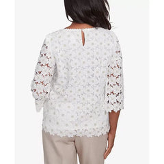 Alfred Dunner Petite Kensington Gardens Daisy Woven Lace Crew Neck Top, Ivory