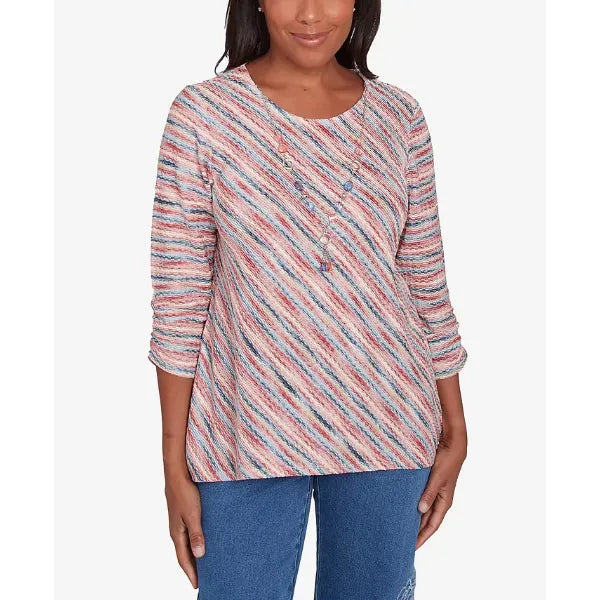 Alfred Dunner Petite Free Spirit Diagonal Space Dye Top with Necklace, Coral , Size PM