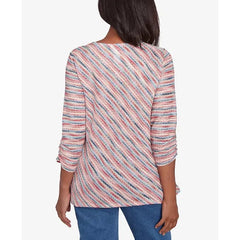 Alfred Dunner Petite Free Spirit Diagonal Space Dye Top with Necklace, Coral , Size PM
