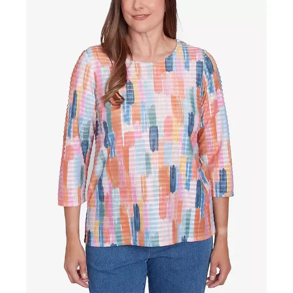 Alfred Dunner Petite Free Spirit Mini Ruffle Brushstroke Crew Neck Top, Coral