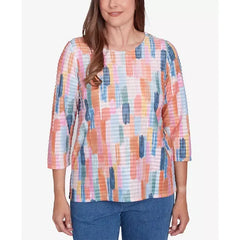 Alfred Dunner Petite Free Spirit Mini Ruffle Brushstroke Crew Neck Top, Coral