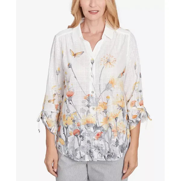 Alfred Dunner Petite Dress Code Button Down Butterfly Floral Top with Necklace, Multi White