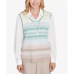 Alfred Dunner Petite Kensington Gardens Striped Vest Collared Two in One Sweater with Necklace, Neutral Multi