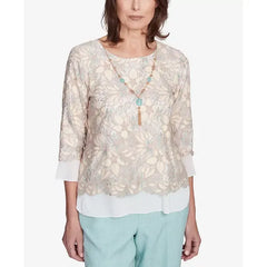 Alfred Dunner Petite Kensington Gardens Floral Lace Woven Trim Top with Necklace, Neutral Multi
