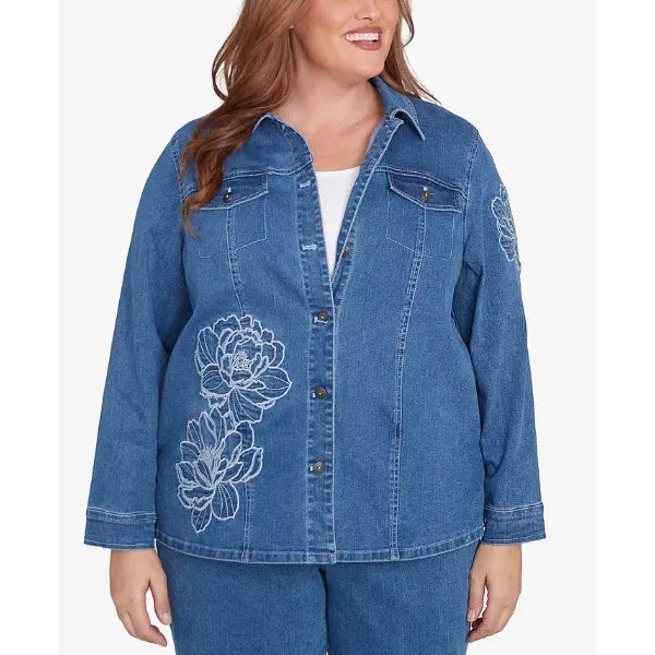 Alfred Dunner Plus Size Free Spirit Super Stretch Floral Denim Jacket, Medium Denim