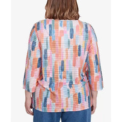Alfred Dunner Plus Size Free Spirit Mini Ruffle Brushstroke Crew Neck Top, Coral