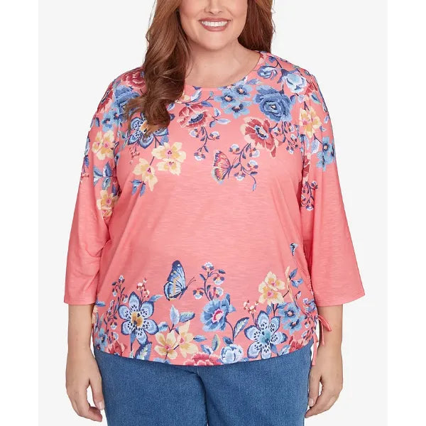Alfred Dunner Plus Size Free Spirit Showstopping Crew Neck Floral Knit Top, Coral