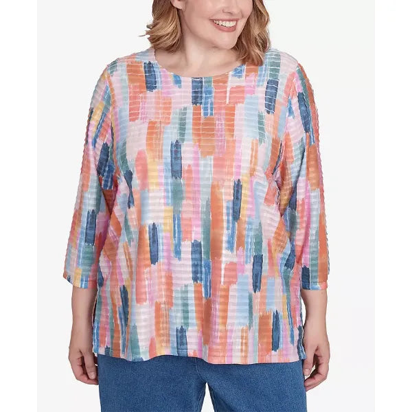 Alfred Dunner Plus Size Free Spirit Mini Ruffle Brushstroke Crew Neck Top, Coral