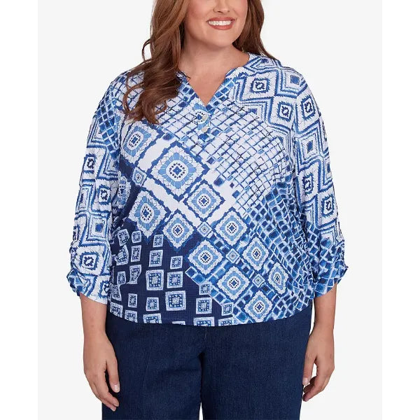 Alfred Dunner Plus Size Free Spirit Ikat Patched Geometric Top, Navy Multi