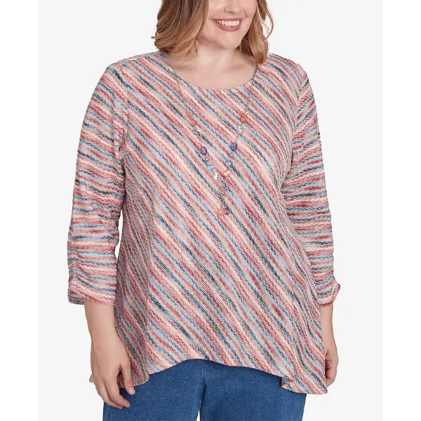 Alfred Dunner Plus Size Free Spirit Diagonal Space Dye Top with Necklace, Coral, Size 1X