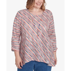Alfred Dunner Plus Size Free Spirit Diagonal Space Dye Top with Necklace, Coral, Size 1X