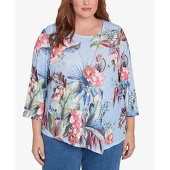 Alfred Dunner Plus Size Free Spirit Tropical Print Knit Top with Necklace, Light Blue