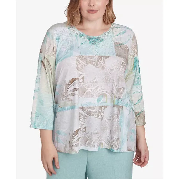 Alfred Dunner Plus Size Kensington Gardens Patchwork Leaves Textured Top, Neutral Multi