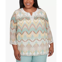 Alfred Dunner Plus Size Kensington Gardens Chevron Textured V-Neck Top, Neutral Multi, Size 1X