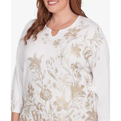 Alfred Dunner Plus Size Kensington Gardens Split Neck Botanical Gold Foil Print Sweater, Neutral Multi