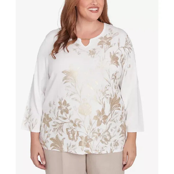 Alfred Dunner Plus Size Kensington Gardens Split Neck Botanical Gold Foil Print Sweater, Neutral Multi