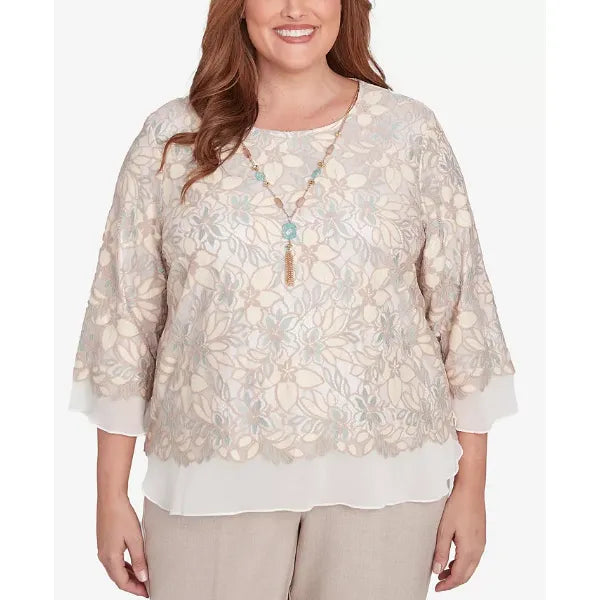 Alfred Dunner Plus Size Kensington Gardens Floral Lace Woven Trim Top with Necklace, Neutral Multi