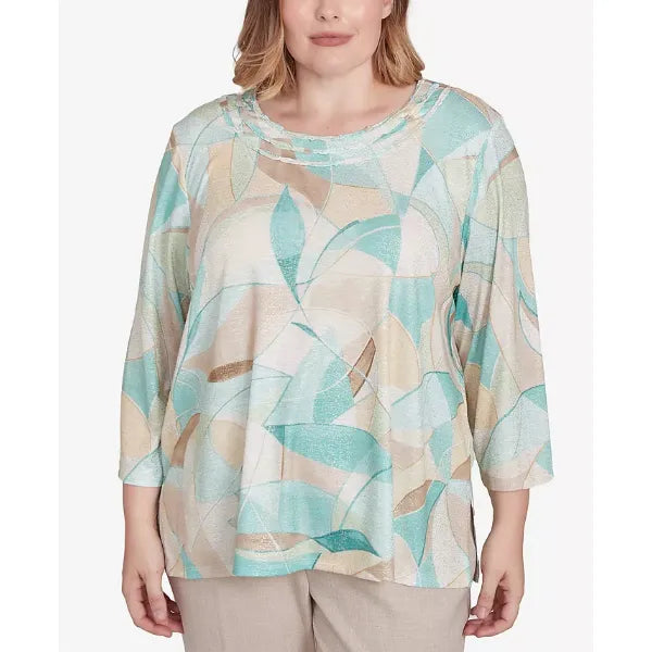 Alfred Dunner Plus Size Kensington Gardens Stained Glass Crew Neck Top, Neutral Multi