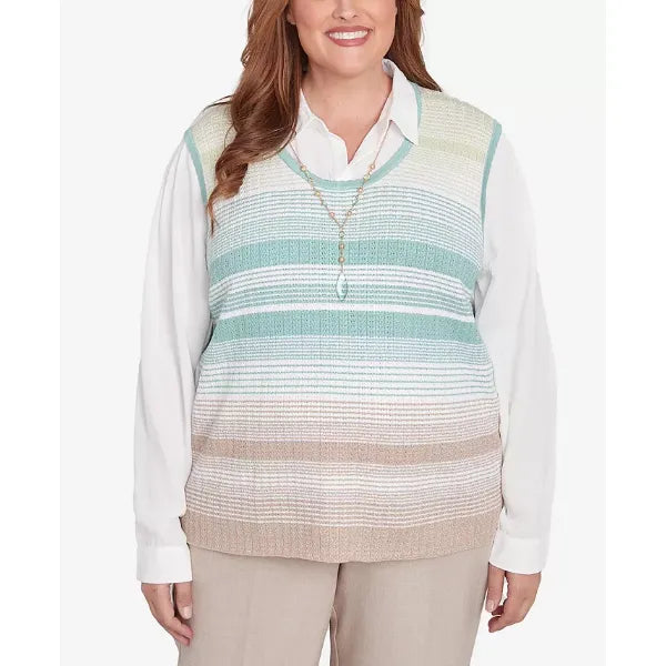 Alfred Dunner Plus Size Kensington Gardens Striped Vest Collared Two in One Sweater with Necklace, Neutral Multi