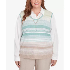 Alfred Dunner Plus Size Kensington Gardens Striped Vest Collared Two in One Sweater with Necklace, Neutral Multi
