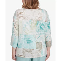 Alfred Dunner Plus Size Kensington Gardens Patchwork Leaves Textured Top, Neutral Multi