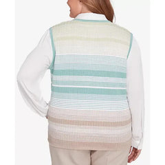 Alfred Dunner Plus Size Kensington Gardens Striped Vest Collared Two in One Sweater with Necklace, Neutral Multi