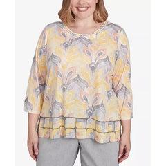 Alfred Dunner Plus Size Dress Code Geometric Medallion Crewneck Top, Multi Yellow