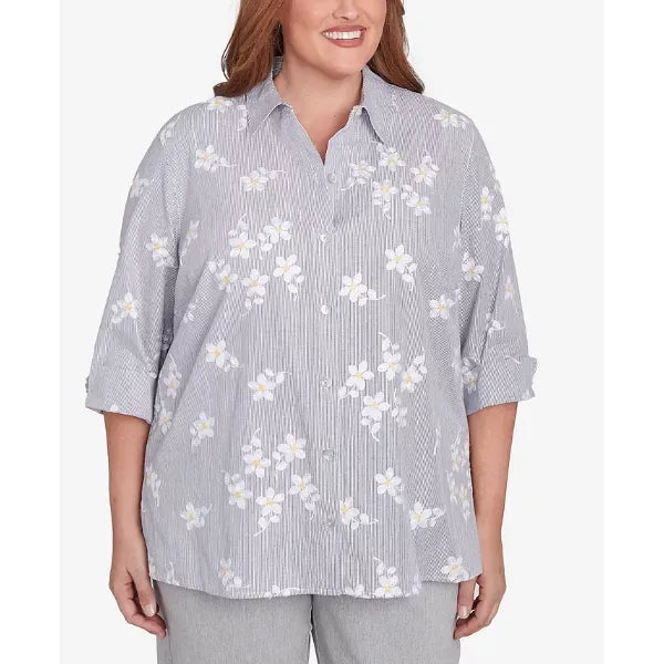 Alfred Dunner Plus Size Dress Code Flower Embroidered Button Down Striped Top, Pearl