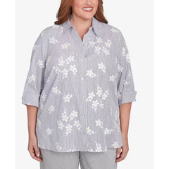 Alfred Dunner Plus Size Dress Code Flower Embroidered Button Down Striped Top, Pearl