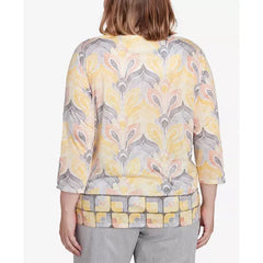 Alfred Dunner Plus Size Dress Code Geometric Medallion Crewneck Top, Multi Yellow