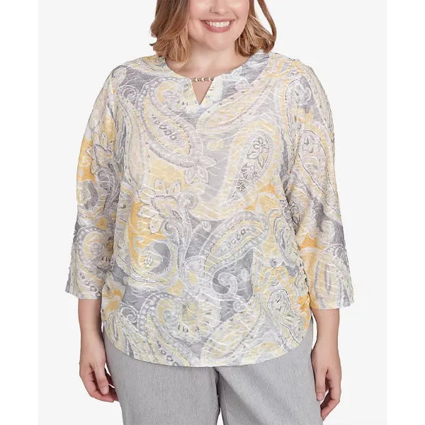 Alfred Dunner Plus Size Dress Code Textured Paisley Beaded Neck Top, Grey Multi