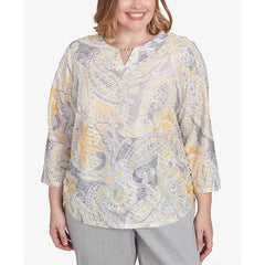 Alfred Dunner Plus Size Dress Code Textured Paisley Beaded Neck Top, Grey Multi