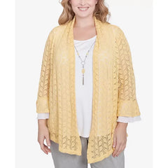 Alfred Dunner Plus Size Dress Code Two in One Pointelle Knit Top with Necklace, Buttercup