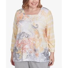 Alfred Dunner Plus Size Dress Code Square Neck Paisley Geometric Top, Multi Yellow