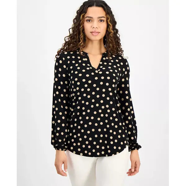 Anne Klein Petite Printed Split Neck Long Sleeve Top, Versatile Lightweight Blouse for Office or Everyday Wear