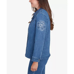 Alfred Dunner Women's Free Spirit Super Stretch Floral Denim Jacket, Medium Denim