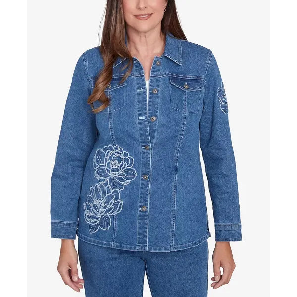 Alfred Dunner Women's Free Spirit Super Stretch Floral Denim Jacket, Medium Denim