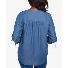 Alfred Dunner Women's Free Spirit Floral Embroidered Flared Sleeve Top, Blue, Size S