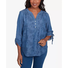 Alfred Dunner Women's Free Spirit Floral Embroidered Flared Sleeve Top, Blue, Size S