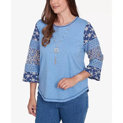 Alfred Dunner Women's Free Spirit Patchwork Sleeve Knit Top with Necklace, Blue